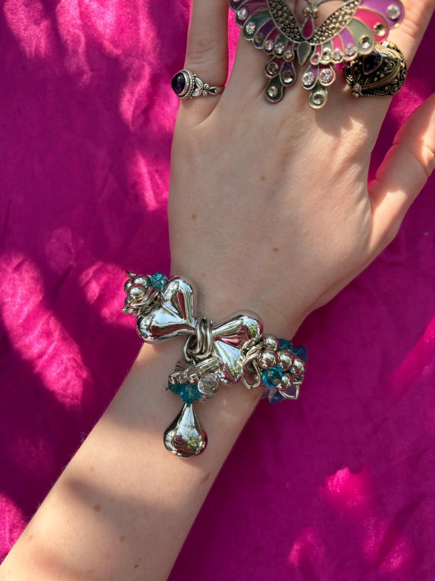 Silver and blue Bow Charm Bracelet