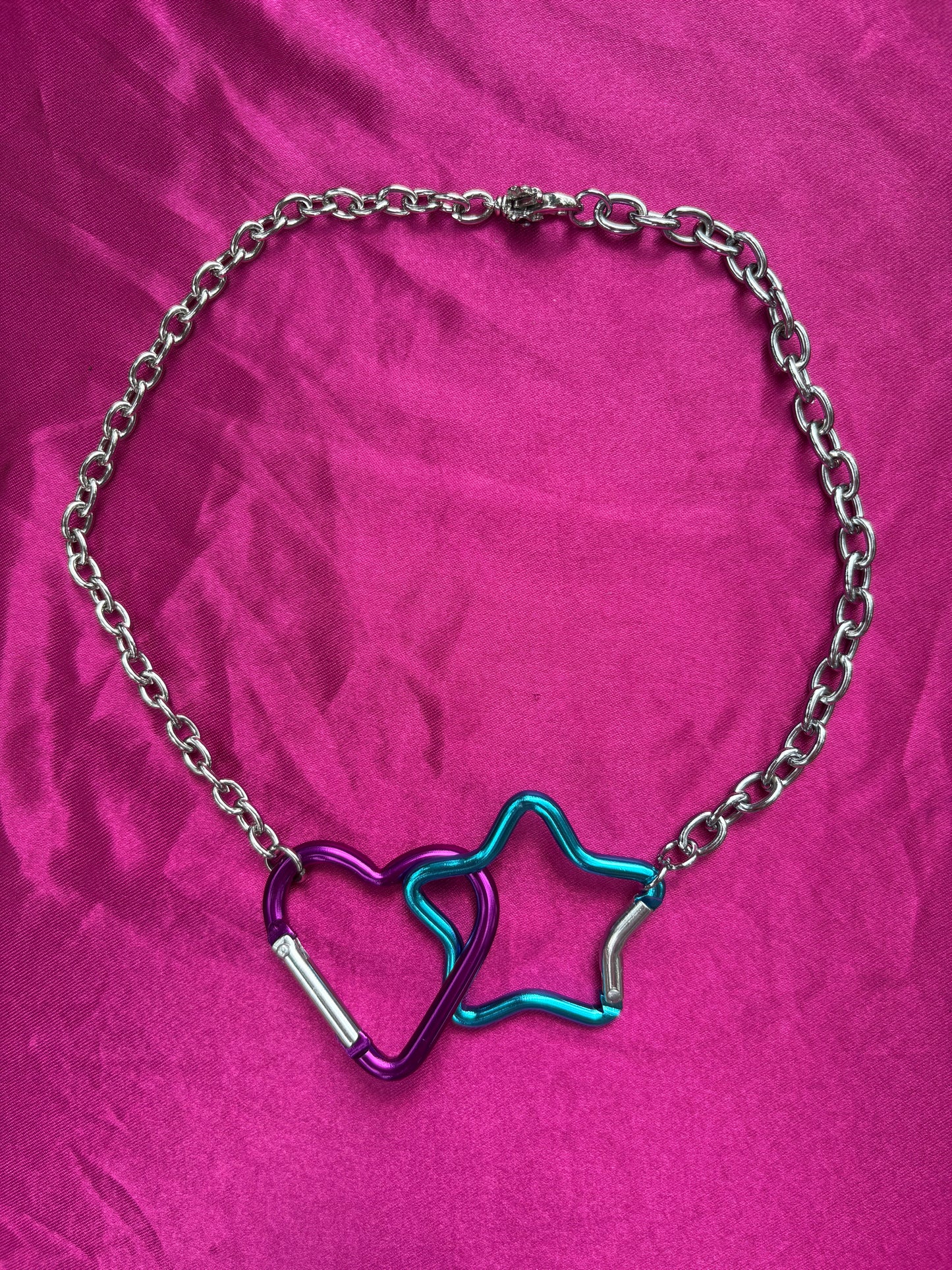 Interlocked Heart and Star Carabiner Necklace
