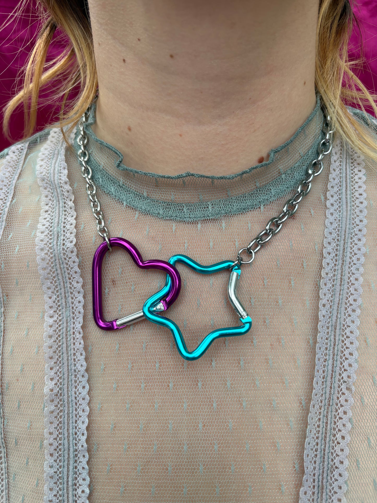 Interlocked Heart and Star Carabiner Necklace