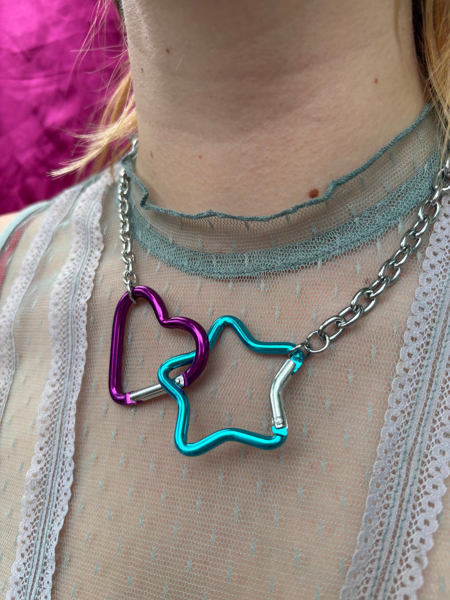 Interlocked Heart and Star Carabiner Necklace